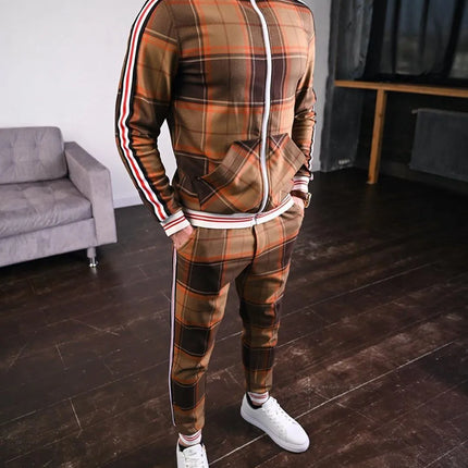 2025 Men Tracksuit 2pc Set Gym Hiking Plaid Zipper Hoodie Cargo Pants Autumn Athleisure Outfit Fleece Jogger Sportswear