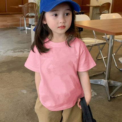 100% Cotton 180gsm Fabric Children Boy Girl T shirt 2025 New Summer Women Short Sleeve T-Shirt Cute Style White Solid Color Tops