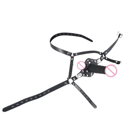 BDSM Leather Head Harness Double Ended Silicone Dildo Mouth Gag Slave Bondage Mask Adult Sex Toy Role Play Fetish Gear Tools