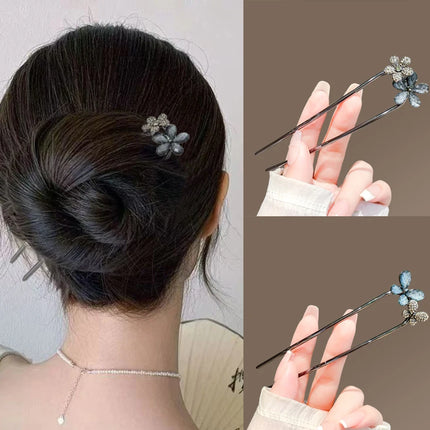 Metal Flower Hair Stick For Women Girls U-shaped Hairpin Fashion Hair Clip Pins New Blue Crystal Hair Bun Hair Accessories
