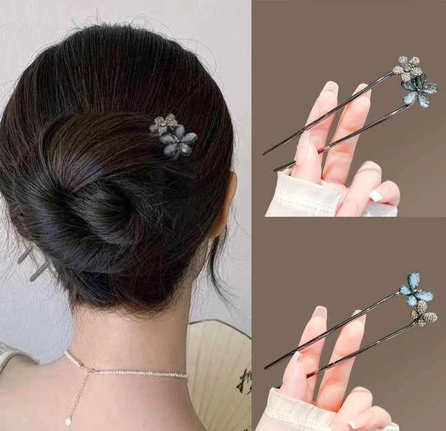 Metal Flower Hair Stick For Women Girls U-shaped Hairpin Fashion Hair Clip Pins New Blue Crystal Hair Bun Hair Accessories