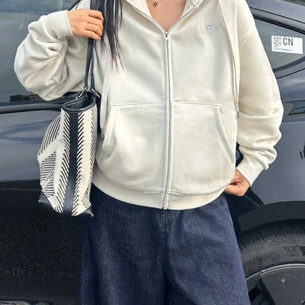Korean Fit Classic Versatile Drawstring Hoodies Fashion Casual Loose Zipper Hoodies Women Autumn Cotton Long Sleeves Sweatshirt