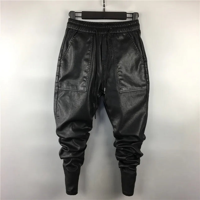 Men Casual Cargo Harem Pants High Street Hip Hop Length PU Faux Leather Sweatpants Autumn Winter Black Big Size