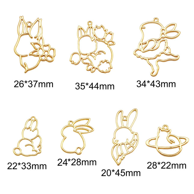4/7/10Pcs Alloy Bezel Gold Color Charm Minimalist Hollowed Fox Fan Sakura Rabbit Design Pendant for DIY Jewelry Making Accessory