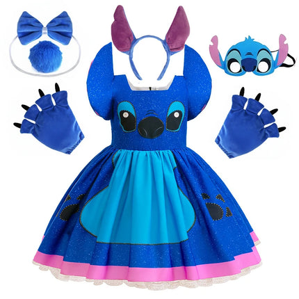 Lilo Stitch Dress Girls Disney Stitch Cartoon RolePlay Carnival Costume 2-10 Yrs Kids Cartoon Printing Halloween Party Outfits