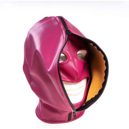 Leather Mask Full Face Double Layer Headgear Zip Head Hood Adjustable Lace-up Leather Bondage Masks Halloween Cosplay Party Mask