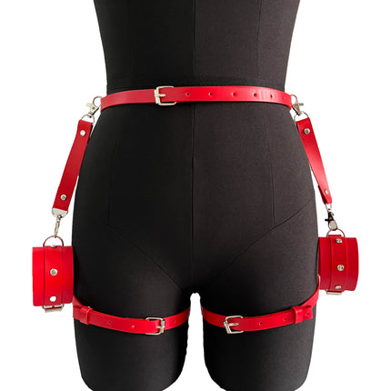 Women Crotchless Underwear PU Leather Handcuffs Garter Set Gothic Rave Sword BDSM Bondage Leg Harness Sexy Body Lingerie Garters