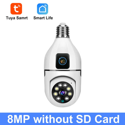 8MP HD PTZ WiFi Dual Lens Dual Screen E27 Bulb Camera Tuya Smart Life Security Video Surveillance Camera Ai Human Auto Tracking