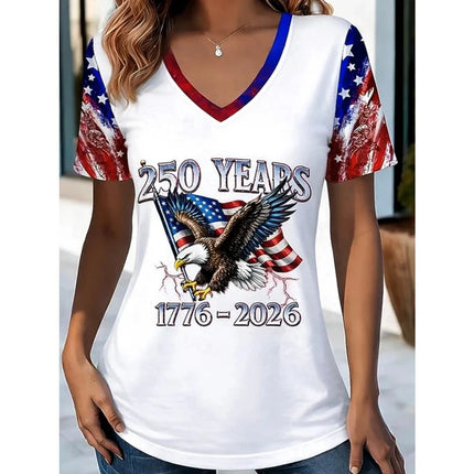 Women's T-Shirtamerican 250 Years USA 250th Anniversary Print Summer Women's Clothing Short Sleeve Shirt V-Neck Fashion Blouse