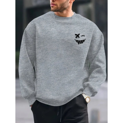 Men's autumn and winter warm casual loose fashionable classic smiling face pattern printed long sleeved round neck sweatshirt