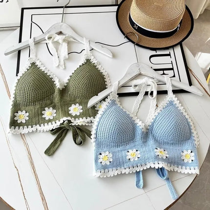 National Style Women's Swimwear Top with Chest Pads Bohemian Beach Wear Outfit Crochet Halter Neck Summer Sling Beach Vacation