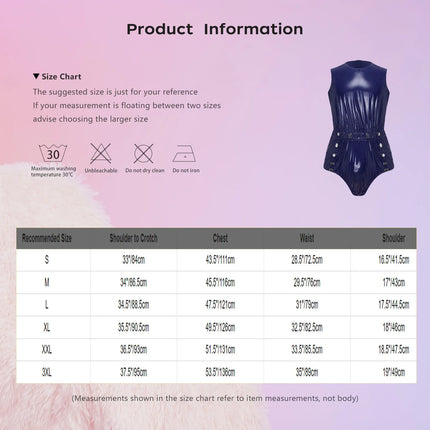Mens Sleeveless Glossy PVC Leather One-piece Romper Jumpsuit Waterproof Bodysuit Buttons Openable Crotch for Clubwear Swimming