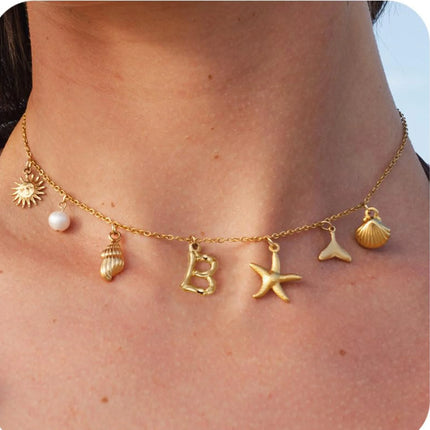 MHS.SUN Starfish Shell Initial Necklace Waterproof 18K Gold Plated Stainless Steel Charm Necklaces Surfer Girl Summer Beach Gift