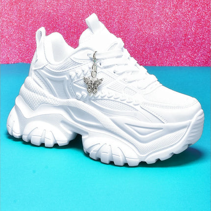 Women's Lightweight 7cm White Thick-Soled Trbottomyy Versatile Fashionable Casual Vulcanized Shoes with Silver Butterfly Decorative Pendant Chain Shoes High Water Platform Trbottomyy Versatile White Women's Comfortable Soft-S