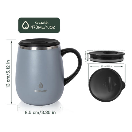 Ideus 470ml insulated coffee cup, travel coffee cup, 304 double-layer stainless steel vacuum milk cup with handle and leak-proof