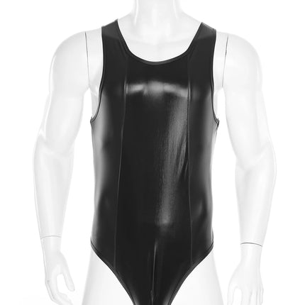 Mens Wet Look Faux Leather Tank Leotard Glossy Sleeveless High Cut Bulge Pouch Bodysuit Latex Wrestling Singlet Clubwear