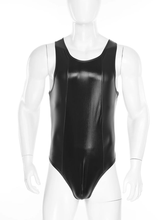 Mens Wet Look Faux Leather Tank Leotard Glossy Sleeveless High Cut Bulge Pouch Bodysuit Latex Wrestling Singlet Clubwear