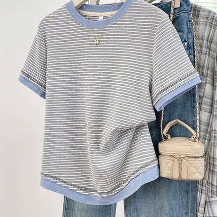 2026 New Women's Loose Fit Casual Stripe Short Sleeve T-Shirt Comfortable Breathable Cotton Polyester Blend Summer Top