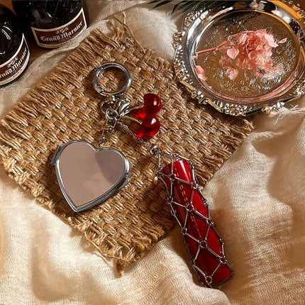 Hot Sale Original Design Bag Pendant Ins Popular Silver Love Mirror Metal Mesh Lipstick Storage Keychain Ring Cross Border