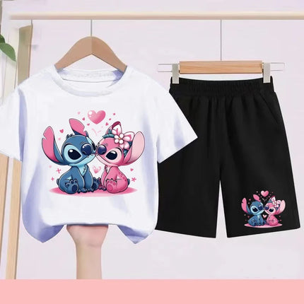 Kids Disney Stitch Print Summer Cute Breathable Tees + Shorts 2pcs 3-12 Years Boy Girls Round-neck Set Children Leisure Clothing