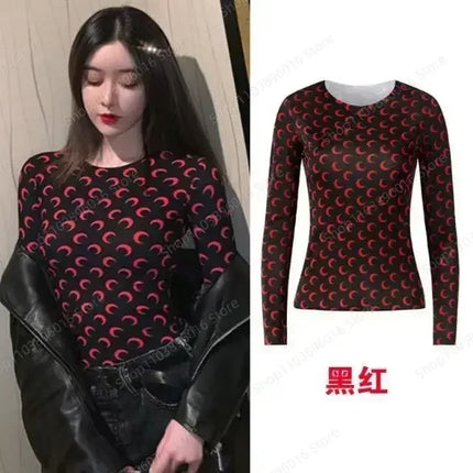Moon Printed Tshirt Graphic Top for Women Stretchy Slim Korean Fall Spring Long Sleeve Tees Y2k Grunge T-Shirt 2000s Clothes