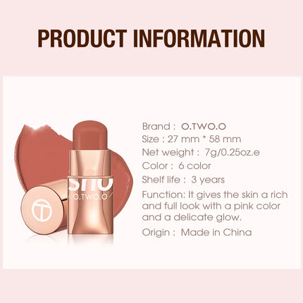 O.TWO.O Lipstick Blush Stick 3-in-1 Eyes Cheek and Lip Tint Buildable Waterproof Lightweight Cream Multi Stick Makeup for Women