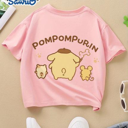 Sanrio Summer Creative Cartoon Pudding Dog Print T-Shirt Fashionably Versatile Breathable Boys Girls Clothing Suitable All Ages