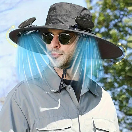 New Men's Fashion Wide Brim Solar Fan Hat UPF50+ Sun Protection with Dual Power (Solar USB) Adjustable Outdoor Beach Fishing Hat
