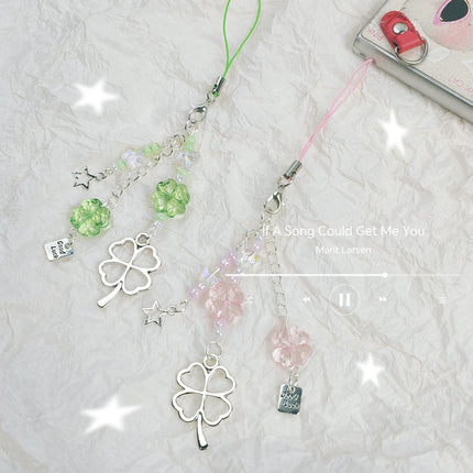 Y2K Lucky Four Leaves Clover Heart Key Ring Green Leaf Star Key Chain Cases for Phone Camera Korean Cute Beaded Couple Keychain