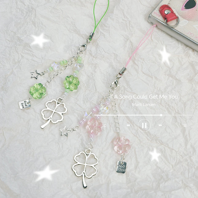 Y2K Lucky Four Leaves Clover Heart Key Ring Green Leaf Star Key Chain Cases for Phone Camera Korean Cute Beaded Couple Keychain