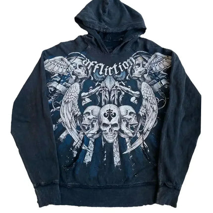 Y2K Harajuku Affliction Hoodie Retro Wing Pattern Printing Oversize Zipper Coat Men Women Hip Hop Personality Casual Sweatshirt