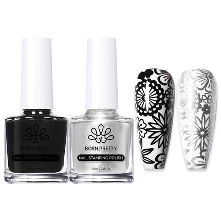 BORN PRETTY 2Pcs/Set 10ML Black White Nail Stamping Polish Varnish Gold Silver for Nail Art Plates Stamp Oil Stamping Series