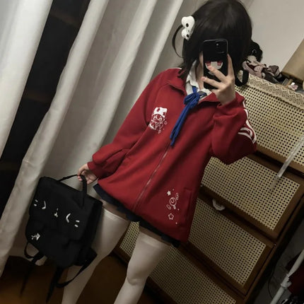 Preppy Style Fashion Cute Japanese Zip Up Cardigan Harajuku Punk Grunge Loose Turn Down Collar Y2k Hoodies Casual Sweatshirts
