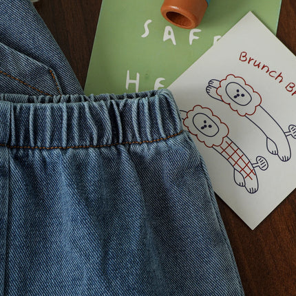 2025 Summer Baby Solid Denim Short Sleeve Set Boys /Girls' Denim Shirts& Shorts Two Piece Set Simple Casual Fashion Streetwear