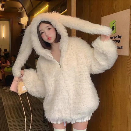 Adorable White Rabbit Ear Hoodie Sweatshirt Women Spring Autumn Punk Hoodies Tops Females Outwear Clothes Zip Up Pink Tops Girl