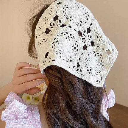 Bohemian White Cotton Lace Triangle Hair Scarf for Women Knitted Flower Hollow Out Headband Wraps Hair Waist Decoration Outfits