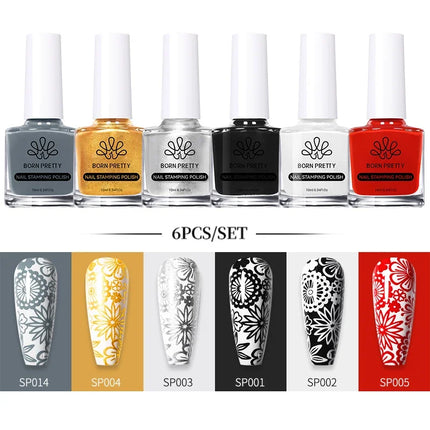 BORN PRETTY 4/6/8pcs Black White Nail Stamping Polish Varnish Set Kits Gold Silver for Nail Art Plates Stamp Oil Stamping Series