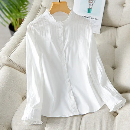 French Retro White Blouse: Floral Jacquard Notch Collar Oversized Shirt for Women, Korean Style Breathable Plus Size Top