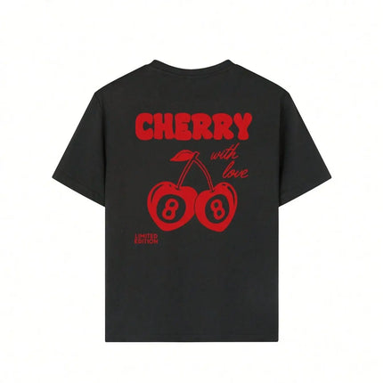 Cherry and number 8 letter print round neck T-shirt Girls summer casual all-match T-shirt breathable short-sleeved top