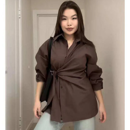 Women's New Shirt Side Waist Tie Slim Fit Casual Long Sleeve Solid Shirt 2026 New Collection Autumn Fashion Loose Ropa Mujer