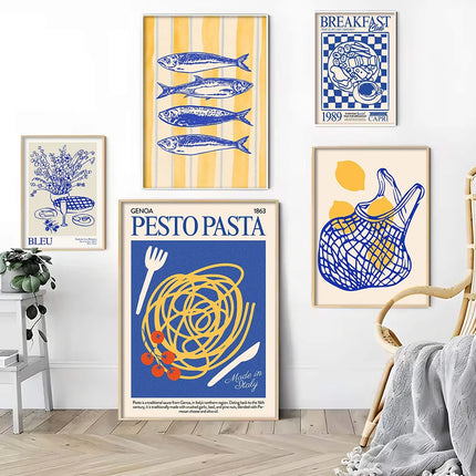 La Dolce Vita Kitchen Prints Retro Italian Foodie Art Poster Coastal Decor Blue & Yellow Gallery Wall Canvas Painting