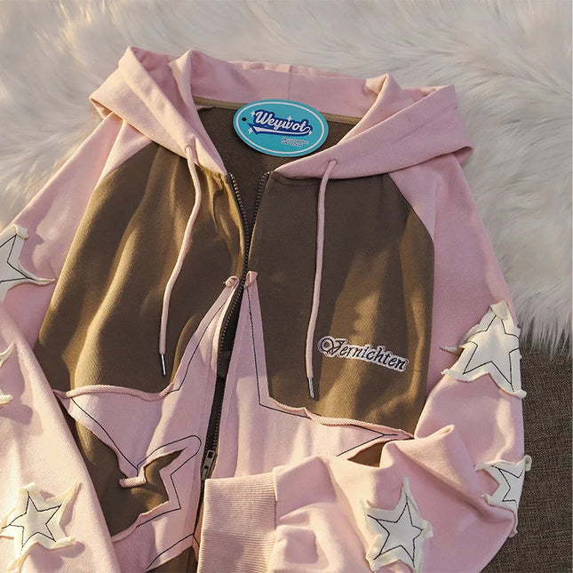 Women's Oversized Hoodie Cardigan Spring Autumn New Style Small Color Collision Star Print Comfortable Casual Korean Style