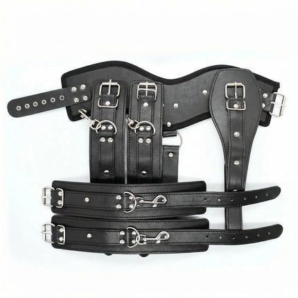 Thierry Lockdown Leather Cincher Corset, Body Bondage Straitjacket With Arm Cuffs Handcuffs Neck Collar, Harness Sex Game Toys