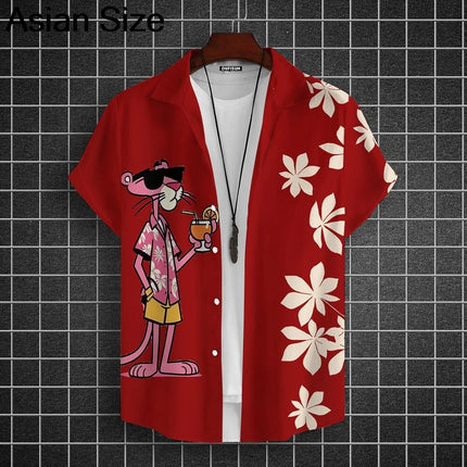 Cartoon Leopard Graphic Men Short Sleeve Lapel Shirt Tops Unisex Pink Button-Down Hawaiian Shirts Summer Daily Female Blouses