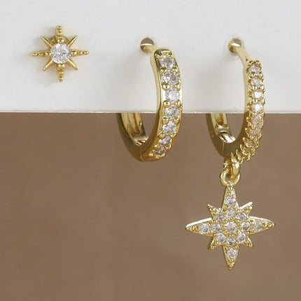 3 Piece Fashion Stainless Steel Round Star Drop Earrings Set for Women 18K Gold Plated Dangle Earring Punk Unisex Rock Jewelry