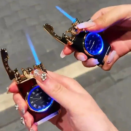 New Quartz Watch Windproof Lighter Metal Blue Light Rocker Arm Butane Jet Flame Torch Lighter Smoking Men's Gift Ignition Tools