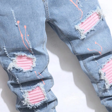 Men's Jeans Cool Ripped Skinny Trousers Stretch Slim Denim Pants Patchwork Hip Hop Black Blue Casual Jogging Jeans for Men
