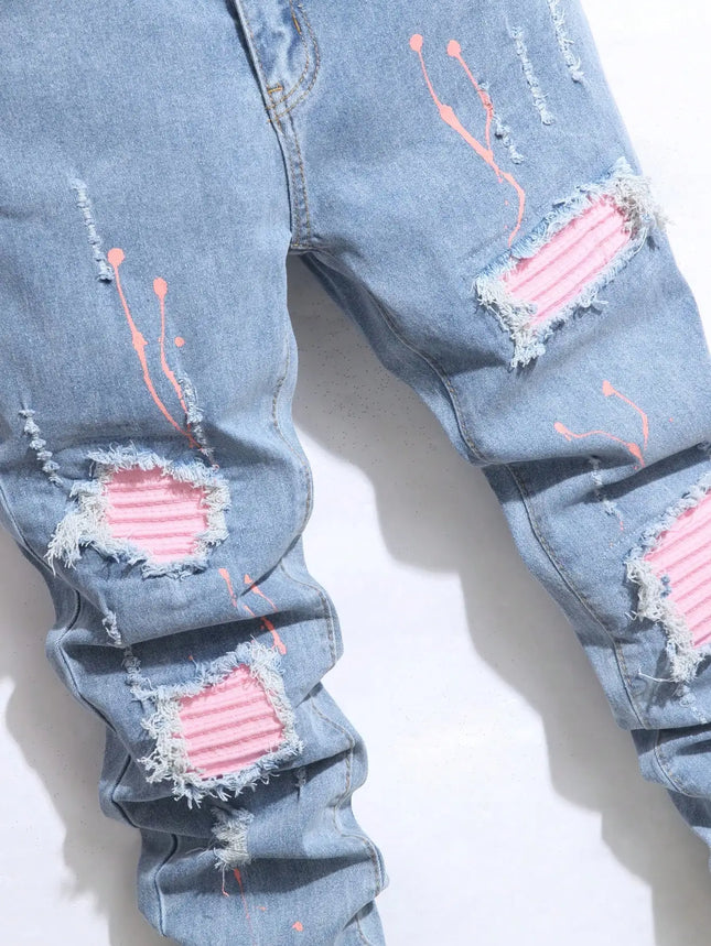 Men's Jeans Cool Ripped Skinny Trousers Stretch Slim Denim Pants Patchwork Hip Hop Black Blue Casual Jogging Jeans for Men