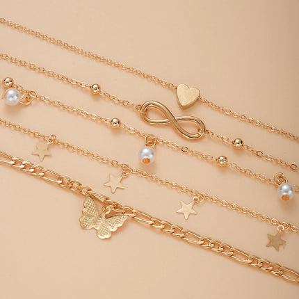 5pcs Boho 8 Charm Anklet Set for Women Vintage Pearl Butterfly Star Heart Pendant Chain Leg Jewelry for Summer Beach