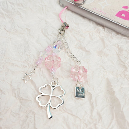 Y2K Lucky Four Leaves Clover Heart Key Ring Green Leaf Star Key Chain Cases for Phone Camera Korean Cute Beaded Couple Keychain
